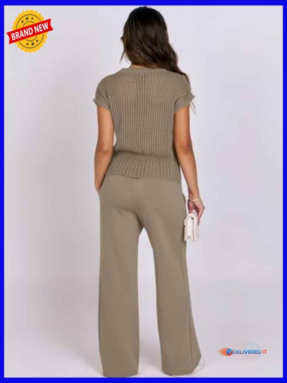 Women's Two Piece Outfits Crochet Sheer Knit Sweater Top Wide Leg Pants Lounge - Picture 3 of 7